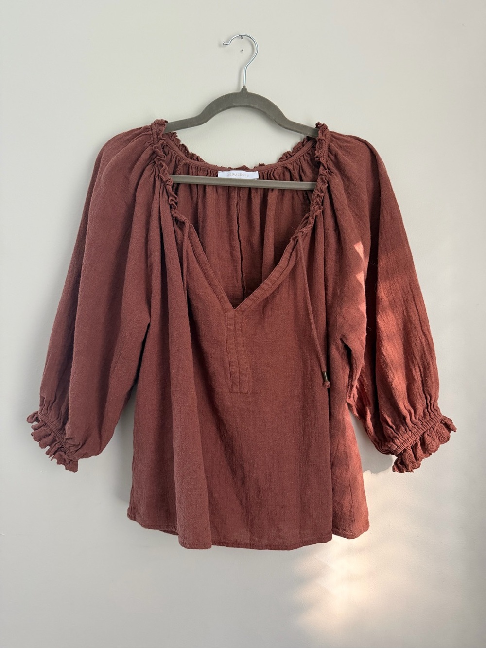 Olivaceous Linen Blend Peasant Blouse | Size S